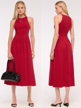 NWT Abercrombie & Fitch High Neck Drop Waist Midi Dress Red
